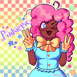 Size: 1280x1280 | Tagged: safe, artist:panimeko, derpibooru import, pinkie pie, human, bowtie, clothes, cute, dark skin, diapinkes, dress, female, gloves, humanized, one eye closed, open mouth, solo, wink