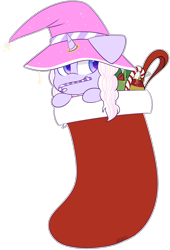 Size: 1868x2744 | Tagged: safe, artist:jetjetj, derpibooru import, oc, oc only, oc:fullmoon bellring, pony, unicorn, candy, candy cane, christmas, christmas stocking, female, food, hat, holiday, mare, mouth hold, simple background, solo, transparent background, witch hat