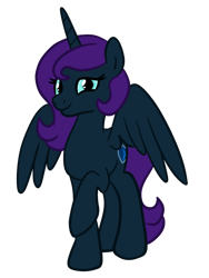 Size: 774x1032 | Tagged: safe, artist:sjart117, derpibooru import, oc, oc only, oc:nyx, alicorn, pony, alicorn oc, derpibooru community collaboration, female, full body, horn, mare, permission given, purple mane, purple tail, raised hoof, raised leg, simple background, smiling, solo, spread wings, standing, tail, transparent background, wings