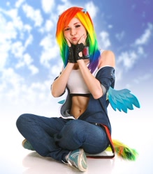 Size: 1080x1231 | Tagged: safe, artist:natsumipon, derpibooru import, rainbow dash, human, belly button, clothes, cosplay, costume, dashface, irl, irl human, photo, shoes, sitting, sneakers