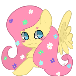 Size: 800x800 | Tagged: safe, artist:twilightmew16, derpibooru import, fluttershy, pegasus, pony, blushing, female, flower, flower in hair, simple background, solo, transparent background