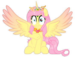 Size: 1587x1204 | Tagged: safe, artist:vizirka, derpibooru import, fluttershy, oc, oc only, oc:princess fluttershy, alicorn, pony, teacher of the month (episode), spoiler:interseason shorts, 2022 community collab, alicorn oc, alicornified, alternate character design, alternate hairstyle, alternate universe, colored wings, commission, derpibooru community collaboration, element of kindness, friendship is kindness, horn, jewelry, my eyes, princess fluttershy, race swap, simple background, solo, tiara, two toned wings, white background, wings, wtf face, ych result