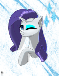 Size: 774x996 | Tagged: safe, artist:3naa, derpibooru import, rarity, pony, unicorn, cutie mark background, female, one eye closed, solo, wink