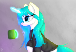 Size: 1280x883 | Tagged: safe, artist:3naa, derpibooru import, oc, oc only, pony, unicorn, clothes, coffee, female, glowing, glowing horn, horn, magic, solo, telekinesis, tired, unicorn oc