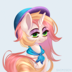 Size: 1600x1600 | Tagged: safe, artist:shimisen, derpibooru import, oc, oc only, pony, unicorn, bust, female, hat, horn, light blue background, mare, simple background, smiling, solo, unicorn oc