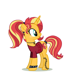 Size: 4000x4000 | Tagged: safe, artist:ginmay, derpibooru import, sunset shimmer, pony, unicorn, alternate hairstyle, clothes, ear piercing, earring, female, jewelry, necklace, piercing, ponytail, shirt, simple background, solo, spiked wristband, t-shirt, tattoo, white background, wristband