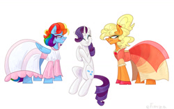 Size: 1280x805 | Tagged: safe, artist:efimza, derpibooru import, applejack, rainbow dash, rarity, earth pony, pegasus, unicorn, and then there's rarity, applejack also dresses in style, applejack is not amused, clothes, dress, eyes closed, female, makeup, rainbow dash always dresses in style, rainbow dash is not amused, simple background, trio, unamused, white background