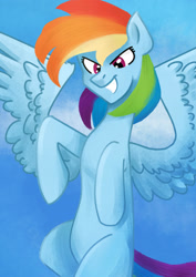 Size: 1280x1811 | Tagged: safe, artist:efimza, derpibooru import, rainbow dash, pony, female, grin, smiling, solo, spread wings, wings