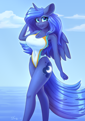 Size: 2480x3508 | Tagged: safe, alternate version, artist:dandy, derpibooru import, princess luna, alicorn, anthro, :3, big breasts, blue eyes, blue eyeshadow, blue hair, blue mane, blue tail, breasts, cleavage, clothes, cutie mark, ear fluff, ears, eyebrows, eyebrows visible through hair, eyeshadow, female, glowing cutie mark, high res, horn, looking at you, makeup, one-piece swimsuit, princess balloona, raffle prize, sky, sky background, smiling, smiling at you, solo, swimsuit, water, wet, wings