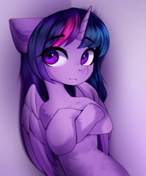 Size: 1208x1461 | Tagged: safe, artist:shavurrr, derpibooru import, twilight sparkle, twilight sparkle (alicorn), alicorn, pony, crossed hooves, female, looking at you, mare, purple background, simple background, solo