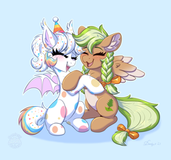 Size: 5120x4800 | Tagged: safe, artist:confetticakez, artist:dandy, derpibooru import, oc, oc only, oc:confetti cupcake, oc:sylvia evergreen, bat pony, pegasus, pony, collaboration, absurd resolution, bat wings, blushing, braid, braided pigtails, duo, ear fluff, ears, eyes closed, fangs, female, freckles, hair tie, hat, holding hooves, hug, light blue background, mare, open mouth, party hat, simple background, smiling, wings