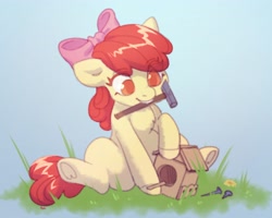 Size: 3108x2485 | Tagged: safe, artist:helemaranth, derpibooru import, apple bloom, earth pony, pony, adorabloom, applebetes, bird house, chest fluff, cute, female, filly, foal, frog (hoof), grass, hammer, high res, mouth hold, sitting, solo, underhoof, weapons-grade cute