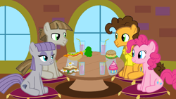 Size: 1280x720 | Tagged: safe, artist:mlplary6, derpibooru import, cheese sandwich, maud pie, mudbriar, pinkie pie, earth pony, pony, carrot, carrot dog, cheesepie, cupcake, double date, female, food, male, maudbriar, pillow, shipping, sitting, straight