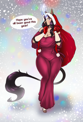 Size: 1750x2567 | Tagged: safe, artist:blackblood-queen, oc, oc only, oc:beryl lovegreen, anthro, unguligrade anthro, unicorn, anthro oc, bag, big breasts, breasts, christmas, cleavage, clothes, cloven hooves, curved horn, dialogue, digital art, female, gilf, gloves, grandmother, hearth's warming, holiday, hoodie, horn, leonine tail, mare, snow, snowfall, speech bubble, tail, unicorn oc