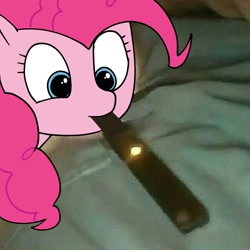 Size: 1280x1280 | Tagged: safe, artist:omelettepony, ponerpics import, pinkie pie, earth pony, pony, bed, mouth hold, ponies in real life, vape, vape pen