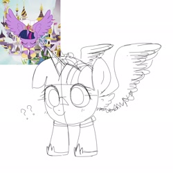 Size: 2048x2048 | Tagged: safe, artist:omelettepony, ponerpics import, screencap, twilight sparkle, alicorn, pony, great moments in animation, monochrome, sketch, smear frame, spread wings, wings