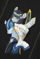 Size: 600x886 | Tagged: safe, artist:aves abel, artist:aves_abel, artist:avesabel, derpibooru import, pony, anime, bangs, black hair, black mane, blue eyes, bruno buccellati, fur, grey skin, hairclip, jojo's bizarre adventure, pixiv, ponified, stand, sticky fingers, vento aureo, zipper