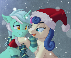 Size: 662x543 | Tagged: safe, artist:brianblackberry, derpibooru import, bon bon, lyra heartstrings, sweetie drops, earth pony, pony, unicorn, christmas, clothes, couple, duo, duo female, eye contact, female, hat, hearth's warming eve, holiday, lesbian, looking at each other, looking at someone, lyrabon, mare, open mouth, open smile, romance, santa hat, scarf, shipping, smiling, smiling at each other, snow, snowfall, striped scarf