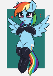Size: 2100x3000 | Tagged: safe, artist:t72b, derpibooru import, rainbow dash, pegasus, pony, abstract background, belly button, black choker, black gloves, black stockings, blue coat, blushing, choker, clothes, cute, cutie mark, dashabetes, evening gloves, female, flying, grin, heart, high res, latex, latex choker, latex gloves, latex socks, latex stockings, mare, multicolored hair, multicolored mane, multicolored tail, purple eyes, rainbow hair, rainbow tail, simple background, smiling, socks, solo, spread wings, wings