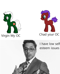 Size: 1006x1230 | Tagged: safe, artist:comicfield, derpibooru import, oc, oc:comic field, earth pony, unicorn, pony creator, chad, meme, robert downey jr, virgin, virgin walk