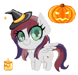 Size: 278x268 | Tagged: safe, derpibooru import, oc, oc only, oc:evening prose, pegasus, pony, animated, candle, female, flapping wings, freckles, gif, halloween, hat, holiday, jack-o-lantern, jewelry, mare, necklace, one eye closed, pearl necklace, pixel art, pumpkin, simple background, solo, transparent background, wings, wink, witch hat