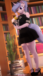 Size: 2160x3840 | Tagged: safe, artist:steamyart, derpibooru import, oc, oc only, oc:steamy, anthro, unicorn, 3d, anthro oc, book, bookshelf, clothes, glasses, heterochromia, high heels, high res, horn, library, shoes, skirt, smiling, solo, source filmmaker, unicorn oc