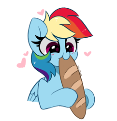 Size: 2676x2760 | Tagged: safe, artist:kittyrosie, derpibooru import, rainbow dash, pegasus, pony, baguette, blushing, bread, cute, dashabetes, eating, food, nom