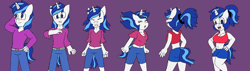 Size: 3396x960 | Tagged: safe, artist:klonoahedgehog, derpibooru import, gleaming shield, shining armor, anthro, bra, clothes, crop top bra, hand on hip, male to female, ponytail, rule 63, transformation, transgender transformation, underwear