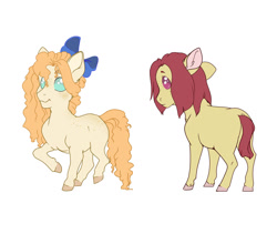 Size: 1280x1081 | Tagged: safe, artist:honeypupdragon, derpibooru import, oc, oc only, oc:buttermilk, oc:muffin, earth pony, pony, bow, duo, female, filly, foal, freckles, hair bow, offspring, parent:applejack, parent:cheese sandwich, parent:pinkie pie, parent:trenderhoof, parents:cheesepie, parents:trenderjack