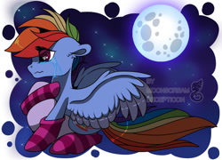 Size: 1024x736 | Tagged: safe, artist:moonscream decepticon, derpibooru import, rainbow dash, pegasus, pony, clothes, crying, female, full moon, mare, moon, pillow, socks, solo, spread wings, striped socks, wings