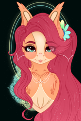 Size: 1600x2400 | Tagged: safe, artist:lickedrainbows, derpibooru import, oc, oc only, pegasus, pony, abstract background, blushing, bust, chest fluff, coat markings, facial markings, flower, fluffy, jewelry, looking at you, neck fluff, necklace, solo