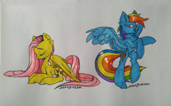 Size: 1024x635 | Tagged: safe, artist:moonscream decepticon, derpibooru import, fluttershy, rainbow dash, pegasus, pony, duo, eyes closed, female, lying down, mare, prone, rearing, traditional art