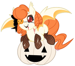 Size: 2242x1985 | Tagged: safe, artist:khimi-chan, derpibooru import, oc, oc only, bat pony, pony, bat pony oc, blood, eyepatch, fishnet stockings, halloween, holiday, jack-o-lantern, pumpkin, simple background, solo, swirly eyes, transparent background