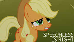 Size: 1920x1080 | Tagged: safe, derpibooru import, edit, edited screencap, editor:quoterific, screencap, applejack, earth pony, pony, season 1, the show stoppers, applejack's hat, clothes, cowboy hat, female, hat, mare, solo