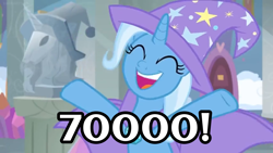 Size: 1600x900 | Tagged: safe, derpibooru import, edit, edited screencap, screencap, trixie, pony, unicorn, a horse shoe-in, season 9, 70000, ^^, cape, caption, clothes, eyes closed, female, happy, hat, mare, meta, milestone, open mouth, open smile, smiling, solo, text, trixie's cape, trixie's hat, two toned mane