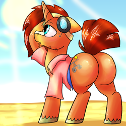 Size: 2500x2500 | Tagged: safe, artist:northernlightsone, derpibooru import, full steam, promontory, sunburst, oc, oc:nova reactor, earth pony, pony, unicorn, butt, clothes, commissioner:bigonionbean, cutie mark, flank, fusion, fusion:nova reactor, goggles, horn, male, plot, stallion, sweat, writer:bigonionbean