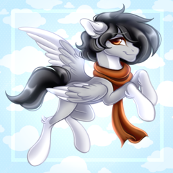 Size: 1080x1080 | Tagged: safe, artist:tookiut, derpibooru import, oc, oc:leinhart, pegasus, clothes, flying, pegasus oc, scarf, solo