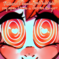 Size: 1480x1500 | Tagged: safe, artist:bunchi, derpibooru import, oc, oc:poppy doll, earth pony, pony, blushing, dialogue, eye contact, eyelashes, heart, heart eyes, hypnosis, hypnotized, looking at each other, looking at someone, looking at you, red eyes, smiling, smiling at you, solo, swirly eyes, wingding eyes