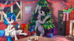 Size: 1536x864 | Tagged: safe, artist:calena, derpibooru import, dj pon-3, octavia melody, vinyl scratch, pony, unicorn, 2021, banner, bipedal, calendar, christmas, christmas lights, christmas tree, commission, cute, fireplace, gift box, glasses, glasses off, holiday, looking at each other, looking at someone, nintendo switch, subwoofer, tavibetes, tree, vinylbetes, window