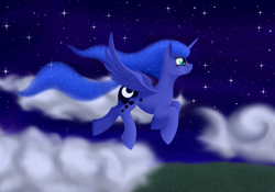 Size: 1200x840 | Tagged: safe, artist:xodok, derpibooru import, princess luna, alicorn, pony, series:ponyashnost, cloud, cutie mark, flight, horn, night, smiling, stars, wings