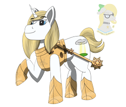 Size: 1600x1350 | Tagged: safe, artist:gray star, derpibooru exclusive, derpibooru import, oc, oc only, oc:father bright, pony, unicorn, fallout equestria, armor, cult leader, fallout equestria: all things unequal, friendly, male, morning star, simple background, smiling, stallion, transparent background, weapon