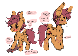 Size: 1176x850 | Tagged: safe, artist:demonboy, derpibooru import, scootaloo, pegasus, pony, aged-up, alternate design, bandaid, chest fluff, determined, notes, simple background, skateboard, smiling, solo, tattoo