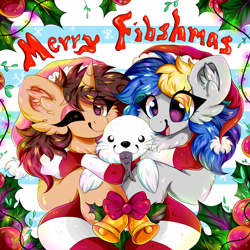 Size: 2362x2362 | Tagged: safe, artist:woonborg, derpibooru import, oc, oc:bluecode, oc:woon, fish, pony, seal, unicorn, bells, christmas, christmas lights, clothes, ear fluff, ears, fluffy, hat, holiday, leaves, open mouth, santa hat, scarf, smiling