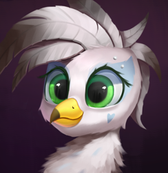 Size: 1794x1836 | Tagged: safe, artist:foxpit, derpibooru import, oc, oc:ginger feathershy, bird, griffon, beauty mark, bust, green eyes, headshot commission, looking at you, portrait, reflective eyes, smiling