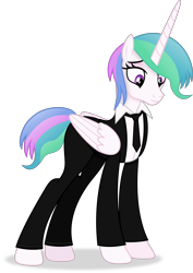 Size: 5077x7181 | Tagged: safe, artist:anime-equestria, derpibooru import, princess celestia, alicorn, pony, absurd resolution, alternate hairstyle, clothes, female, folded wings, full body, horn, lidded eyes, mare, multicolored mane, multicolored tail, necktie, purple eyes, shadow, show accurate, simple background, smiling, solo, standing, suit, tail, three quarter view, transparent background, vector, wings