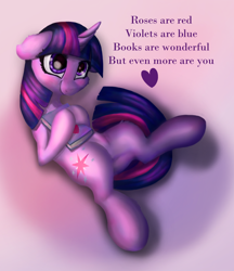 Size: 1270x1468 | Tagged: safe, artist:nuxersopus, derpibooru import, twilight sparkle, unicorn twilight, pony, unicorn, book, female, heart, lying down, mare, on back, rhyme, smiling, solo, text