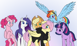 Size: 2900x1744 | Tagged: safe, artist:not-ordinary-pony, derpibooru import, applejack, butterscotch, fluttershy, pinkie pie, rainbow dash, rarity, twilight sparkle, unicorn twilight, earth pony, pegasus, pony, unicorn, alternate hairstyle, alternate universe, bipedal, blushing, butterscotch gets all the mares, clothes, fanfic art, female, goggles, half r63 shipping, hoodie, male, mane six, mare, rule 63, shipping, stallion