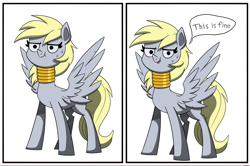 Size: 3801x2531 | Tagged: safe, artist:la hum, derpibooru import, derpy hooves, pegasus, pony, 2 panel comic, comic, derp, derpy being derpy, neck rings, spread wings, sweat, sweatdrops, this is fine, wings