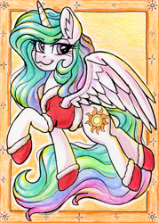 Size: 1467x2052 | Tagged: safe, artist:dandy, derpibooru import, princess celestia, alicorn, pony, :3, boots, christmas, clothes, colored pencil drawing, ear fluff, ears, eyeshadow, female, holiday, horn, looking at you, makeup, mare, shoes, solo, traditional art, wings