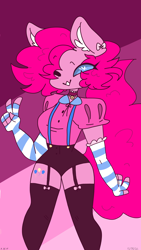 Size: 1152x2048 | Tagged: safe, artist:skittywanuskitz, derpibooru import, pinkie pie, anthro, earth pony, blouse, choker, clothes, evening gloves, female, fingerless elbow gloves, fingerless gloves, garters, gloves, long gloves, no nose, no pupils, one eye closed, peace sign, socks, solo, stockings, striped gloves, suspenders, thigh highs, wink